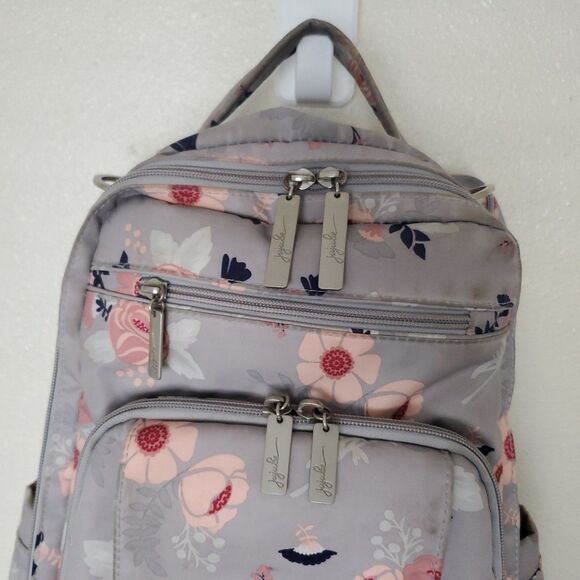 JuJuBe Be Right Back Multi-Function Diaper Backpack Floral Gray Multi Zip Pocket - Picture 4 of 16